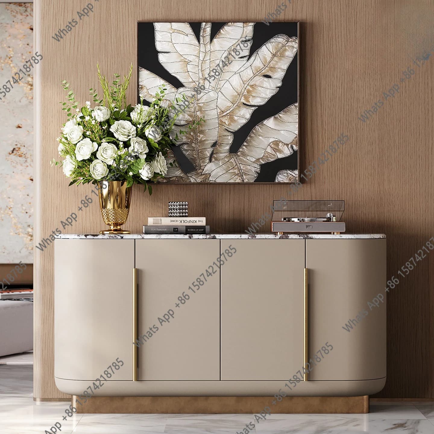 High-end light luxury sideboard, Italian post-modern luxury mansion, large flat floor marble storage entrance cabinet