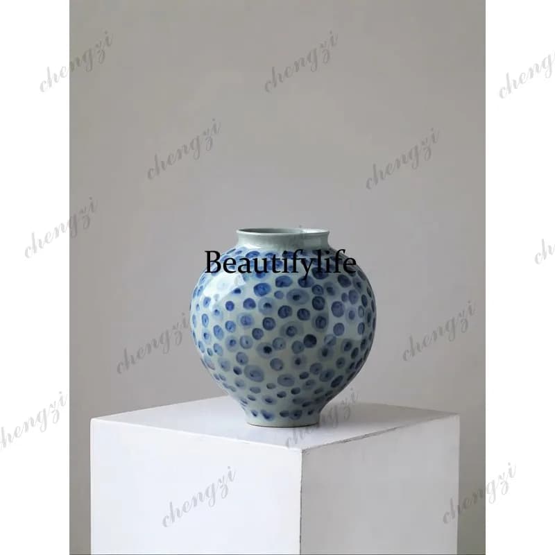 Blue and white spherical ceramics, new Chinese Zen ceramic flower ware, living room entrance art decoration ornament