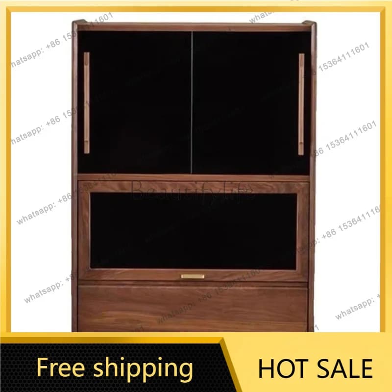Zj. Nordic walnut color wine cabinet simple flap door storage side cabinet glass door