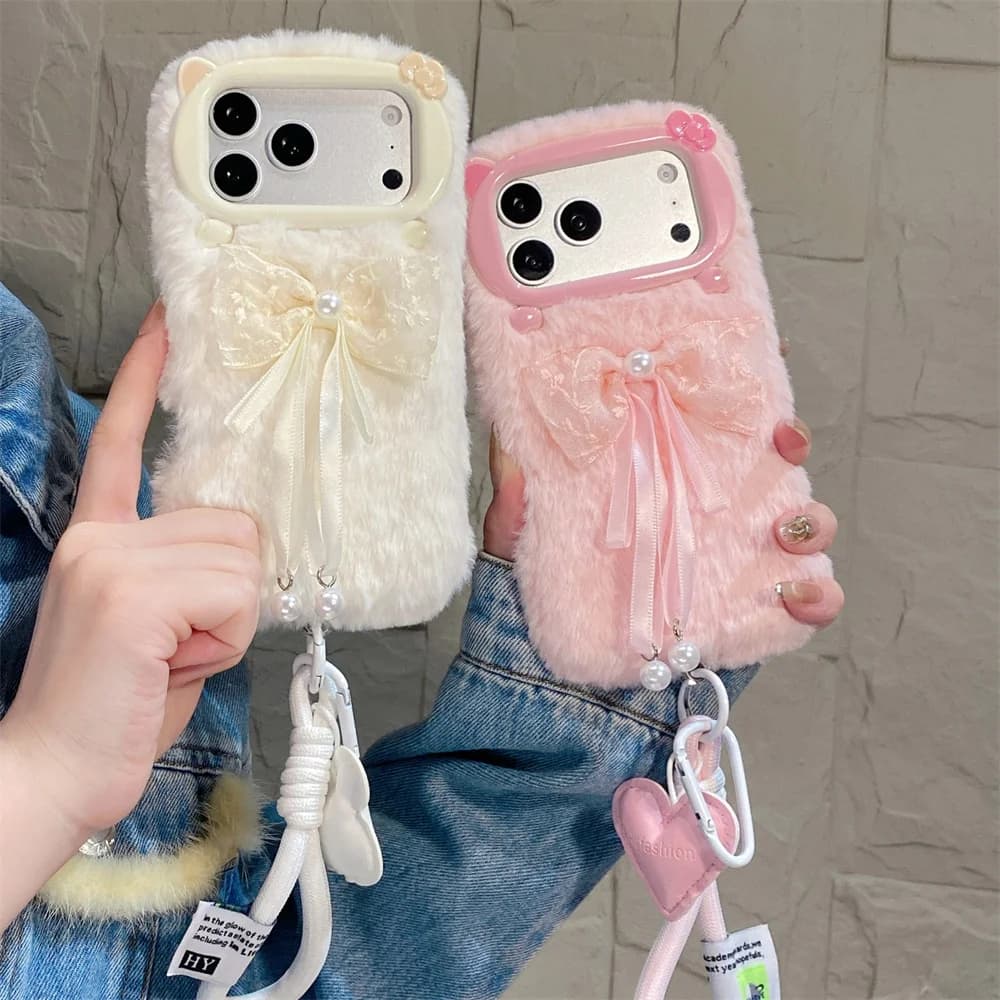 Stylish Dreamy Fuzzy Plush Pearl Bow Phone Case for 17 Pro Max Cute Charm Wrist Lanyard Protective Cover for iPhone 16 15 14