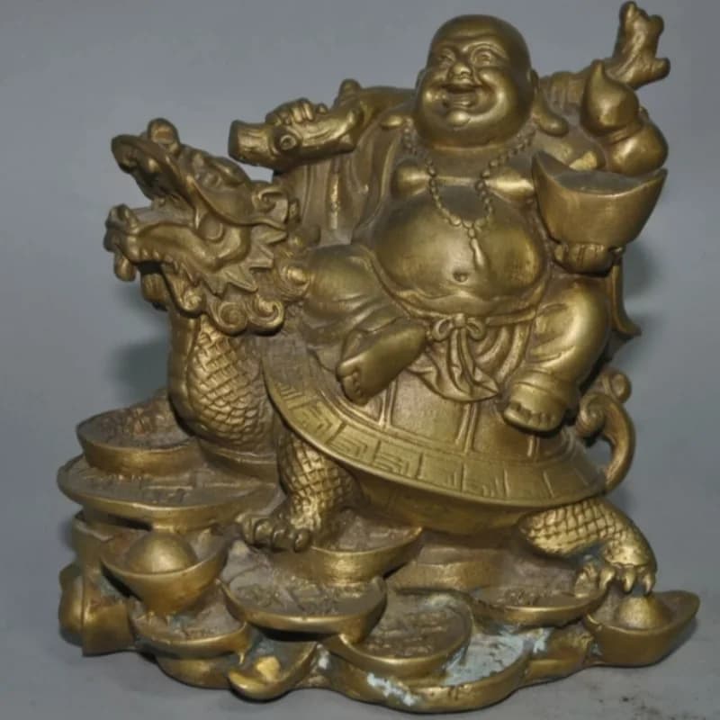 China temple bronze fengshui wealth purse dragon turtle Maitreya Buddha statue