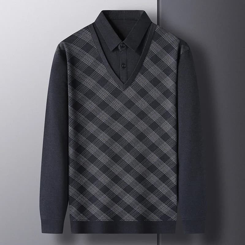 Spring and Autumn Men's Pullover Polo Collar Plaid Solid Button Fake Two Piece Polo Bottom T-shirt Fashion Casual Formal Tops
