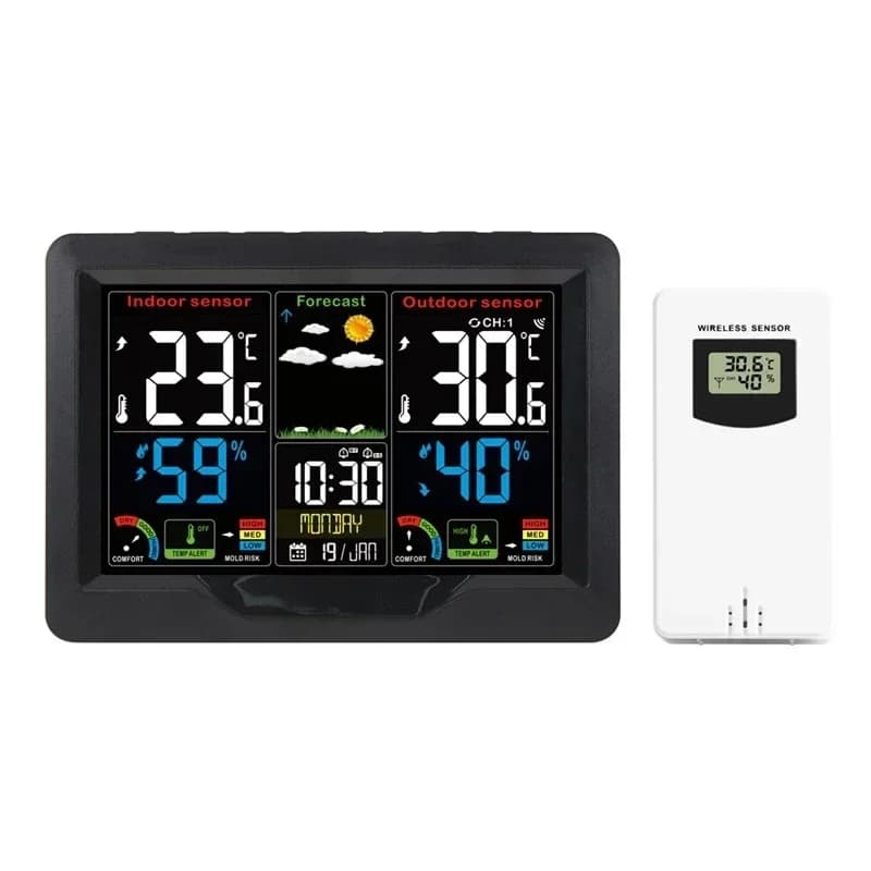 3383C Weather Clock Indoor Outdoor Temperature Humidity Meter Wireless Sensor Electronic Alarm Clock Weather Forecast Station