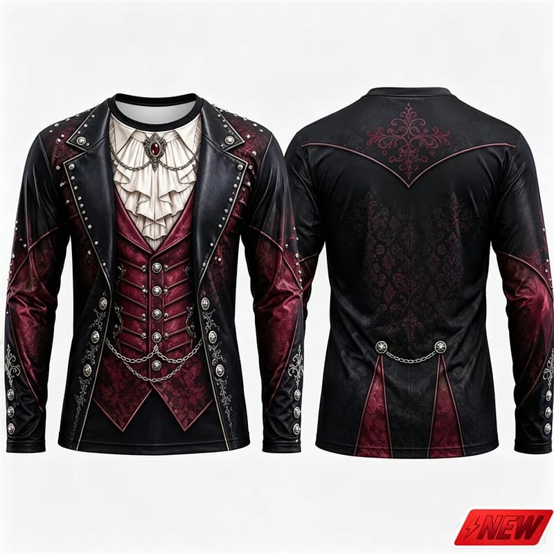Gothic Vampire Costume Long Sleeve T‑Shirt Men 3D Print Fake Jacket Shirt Graphic Novelty Tee Halloween Cosplay Party Top