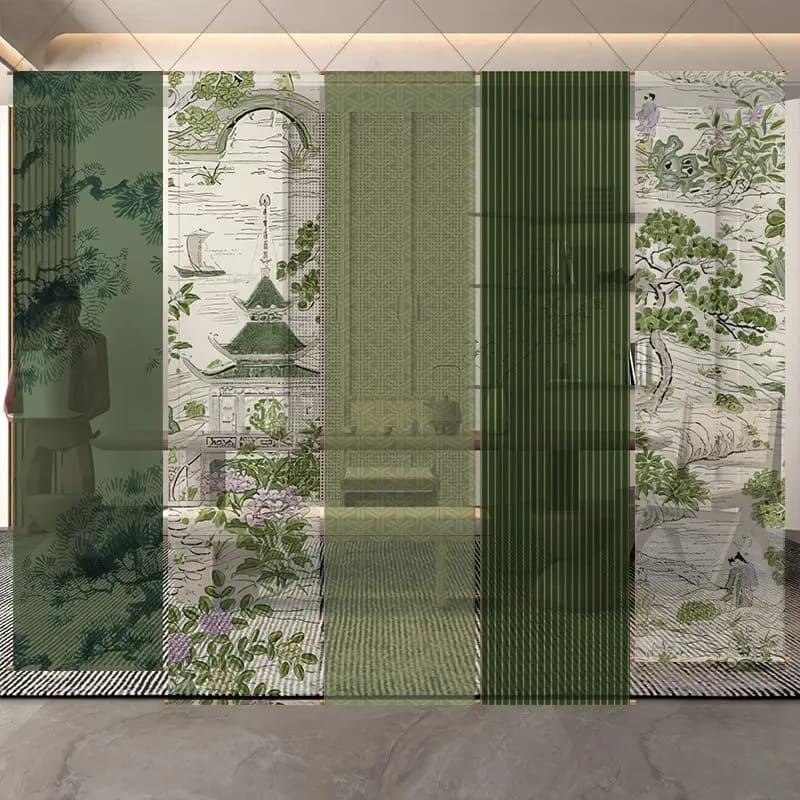 Japanese Zen Garden Hanging Room Divider | Semi Transparent Noren Curtain with Temples & Pines | Wabi-Sabi Home Decor