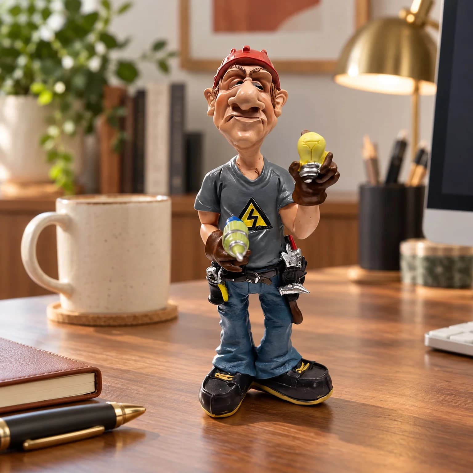 Funny Electrician Figurine with Drill and Light Bulb Cartoon Tradesman Statue for Workshop Office Desk Shelf Decor Gift