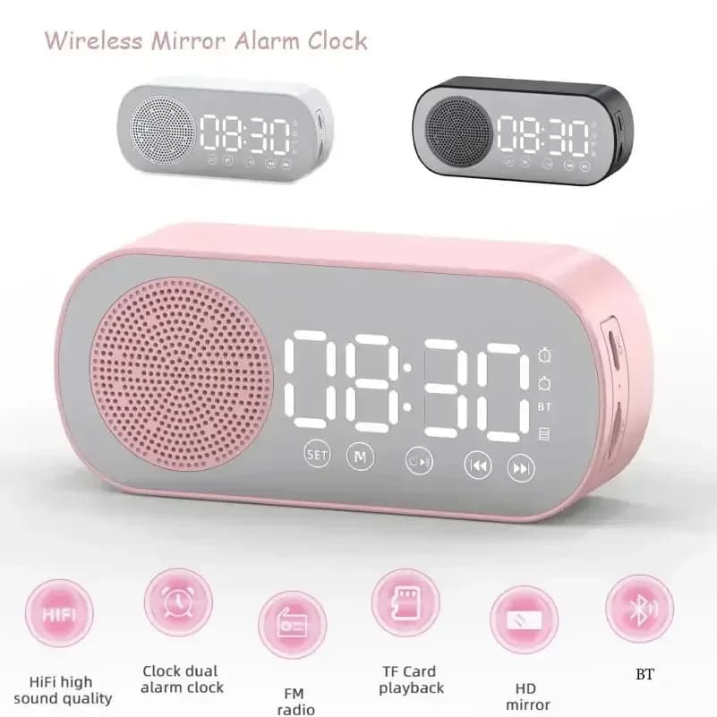 Digital Bluetooth Alarm Clock Speaker Radio with LED Mirror Display Alarm Clock bluetooth speaker clock