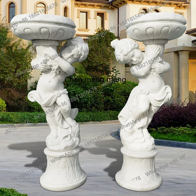 Stone carving European pot sculpture ornament white marble European figure floor flower pot courtyard