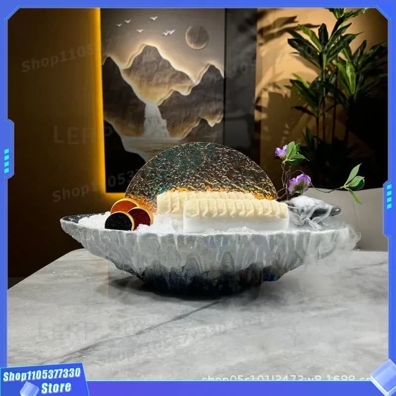 Dark Blue Ceramic Sashimi Plate Japanese Style Seafood Dish High End Ice Platter For Raw Fish Salmon Serving Tray Tableware