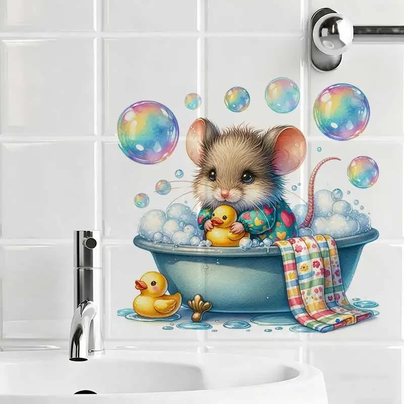 Cute Mouse Watercolor Wall Sticker Toilet Lid Stickers, Bedroom Entrance Living Room Porch Home Decora Waterproof Decals S934