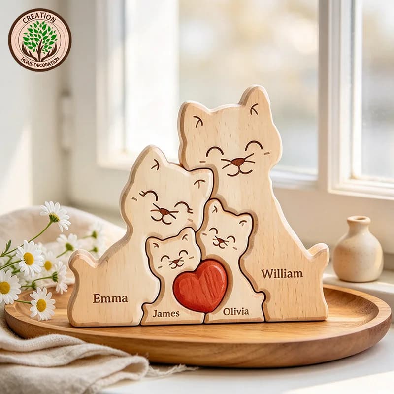 Wooden Cat Art Puzzle Warm Family Handmade Laser Engraving Gifts for Mom Anniversary Thanksgiving Christmas Crafts Ornaments