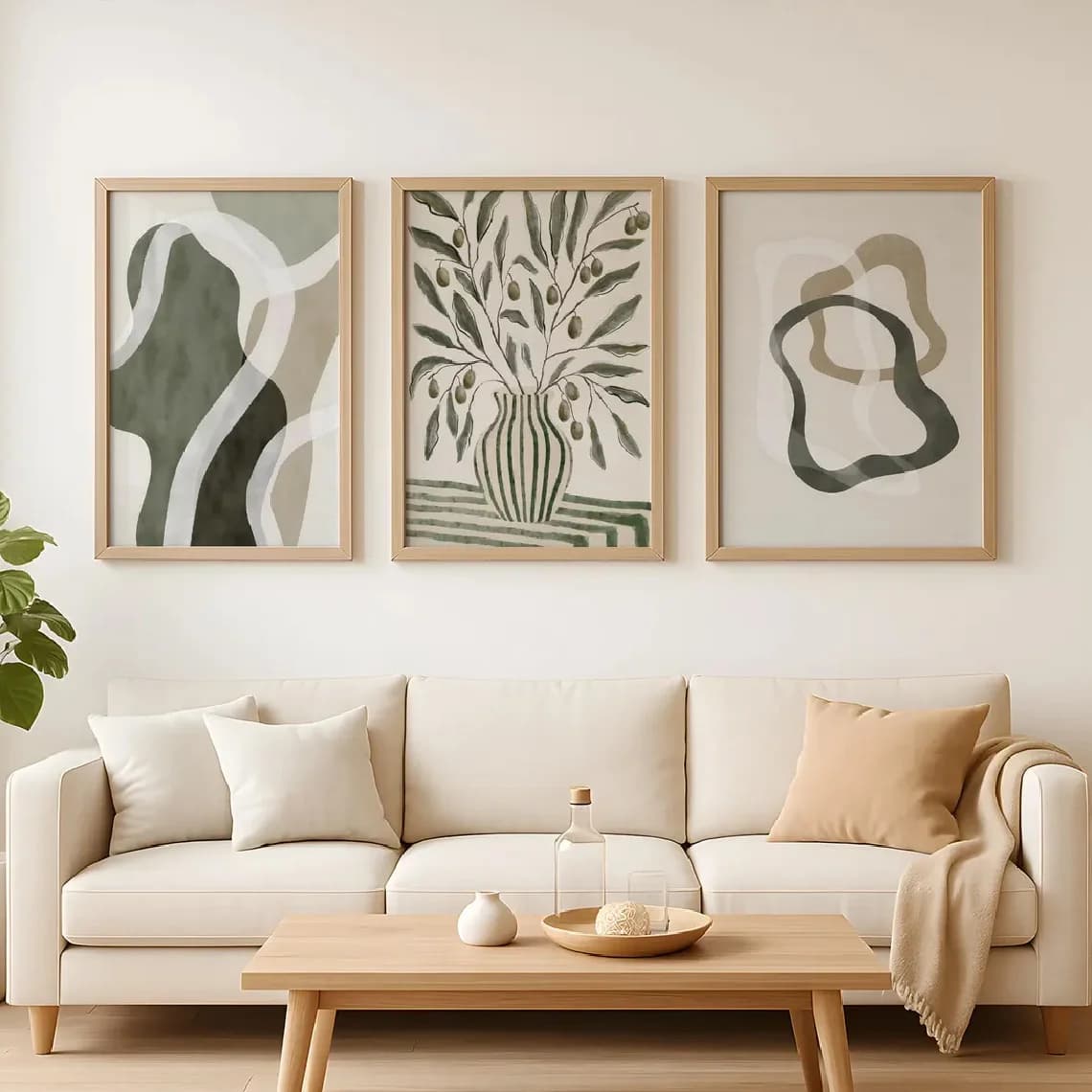 3pcs/set Retro Bohemian Olive Tree Vase Canvas Printing Abstract Green Plant Geometric Wall Art Poster for Modern Home Decor