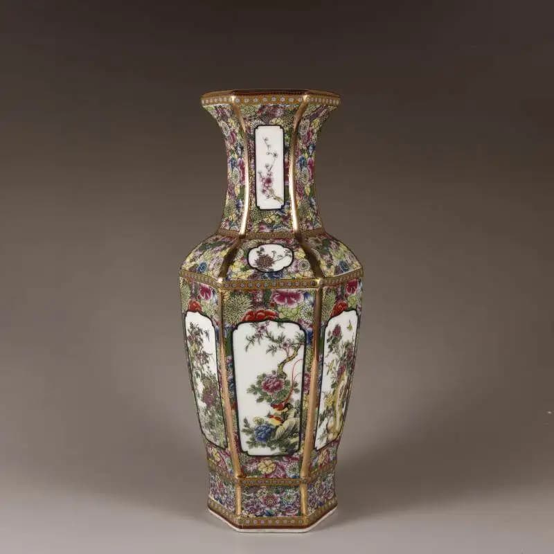 Retro Qing Qianlong enamel flower bird pattern hexagonal vase Chinese style classical home study desktop decoration handicraft