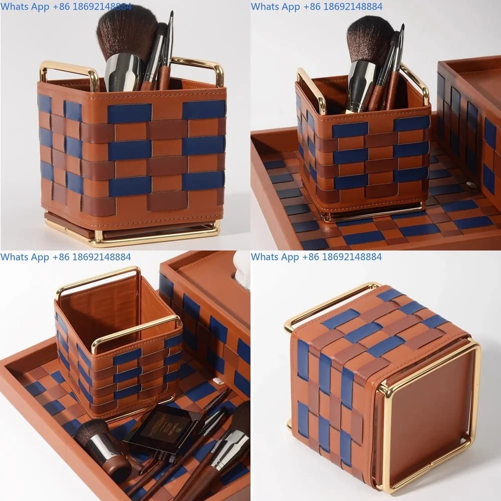 Checkered Leather Storage Box for Home Desktop Tea Table Organizer Luxury Decorative Accessory