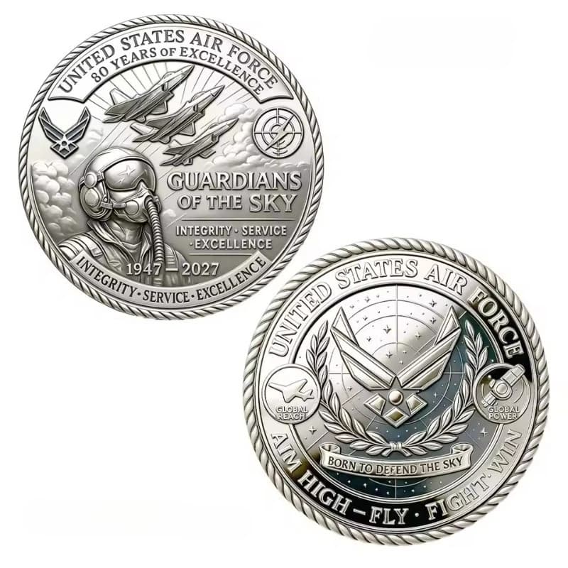 US Air Force 80th Anniversary 2D UV Challenge Coin Guardians of The Sky Fighter Jet Silvery Plated Commemorative Token