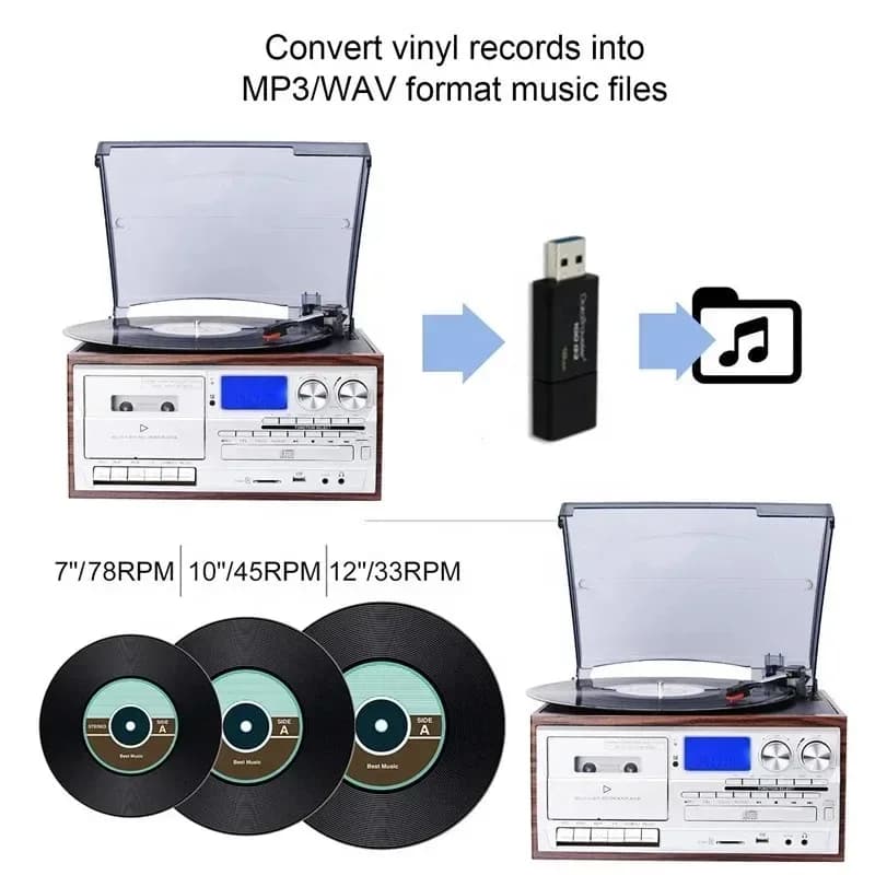 Vinyl Record Player All-In-One Turntable with External Speakers AM FM Radio Bluetooth Cassette Home Entertainment Gramophone