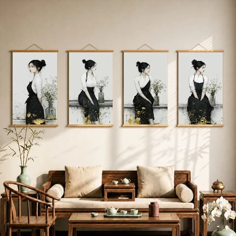 Wall Art Elegant Woman in Black and Gold Dress, Oriental Vintage Pearlescent Canvas Hanging Scroll Decor for Boutique Hotel