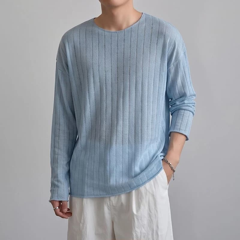 Spring Dopamine Men Vertical Striped Long Sleeve Top Korean Island Loose Thin Knit O Neck Casual Celebrity Same Male Shirt
