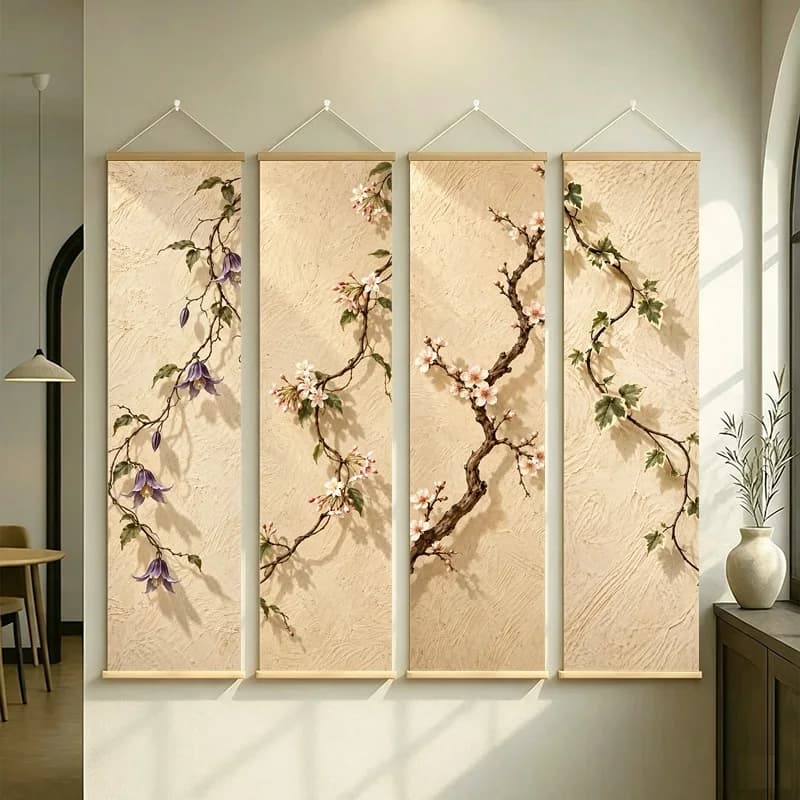Wall Decor Variegated Ivy and Clematis, Natural Wabi-Sabi Botanical Silver Shimmer Canvas Hanging Scroll for Yoga Studio