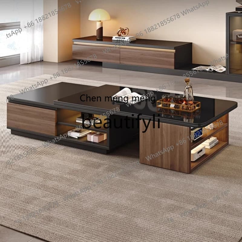 Medieval solid wood retractable TV cabinet combination living room household glass storage table coffee table