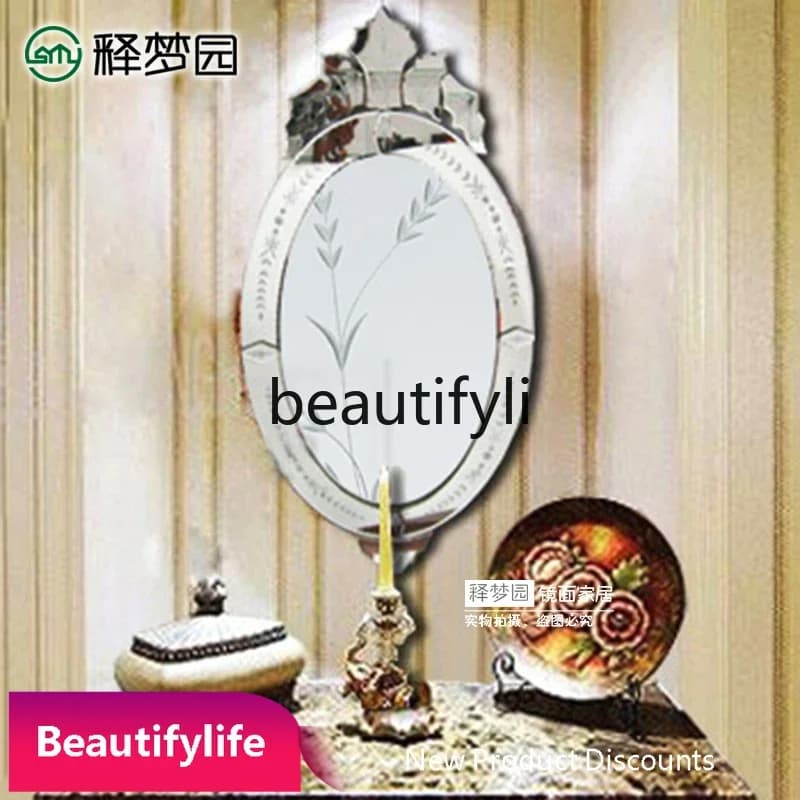 6239Carved Makeup Mirror Oval Bathroom Wall-Mounted Mirror European Style Entrance Decorative Mirror