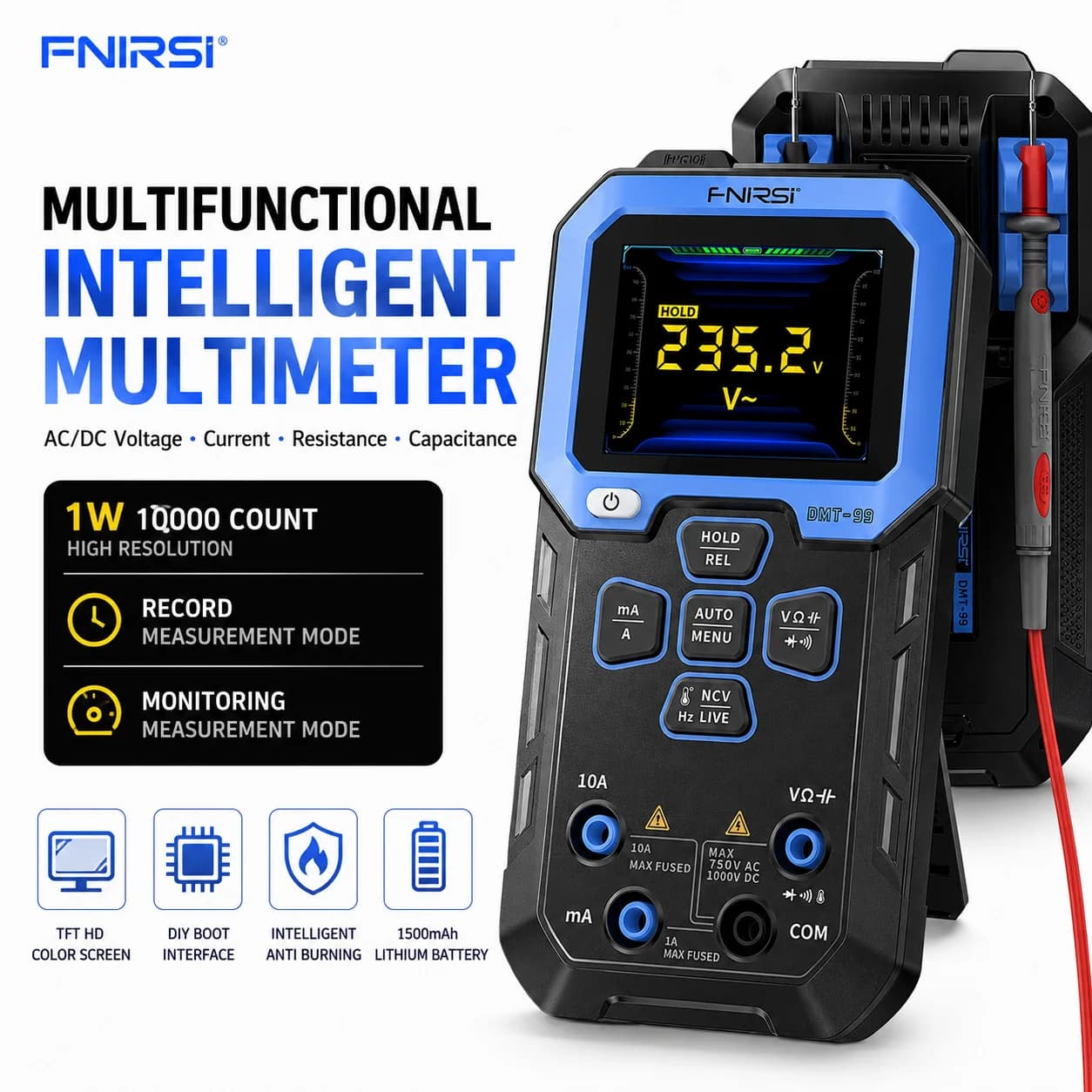 FNIRSI DMT-99 Digital Multimeter 10000 Counts True RMS 1000V 10A AC/DC Voltage Current Resistance Capacitance Frequency Temp NCV