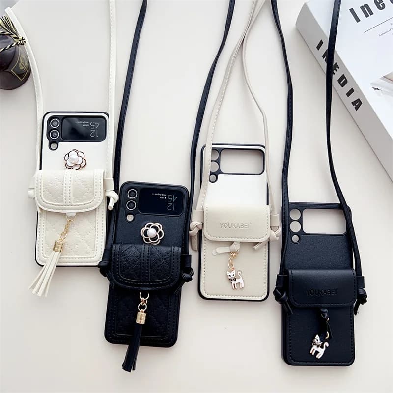 For Samsung Galaxy Z Flip 7 6 5 4 3 5G Flip7 Flip6 Phone Case Crossbody Luxury PU Leather Wallet Card Bag Shock Protective Cover
