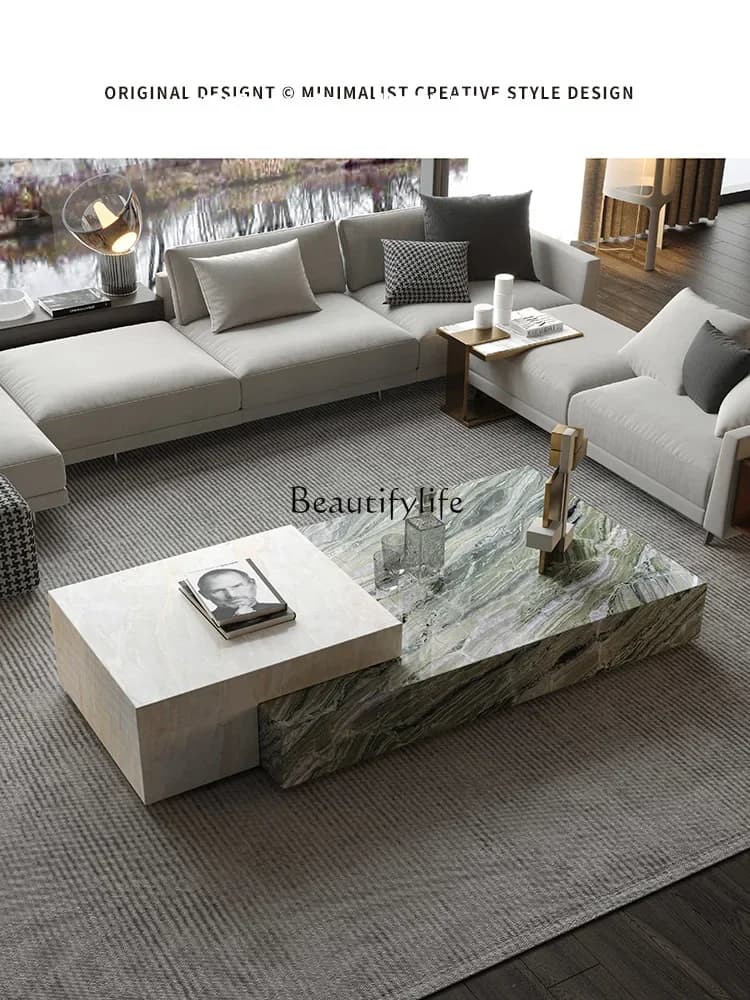 02 Natural marble coffee table living room modern light luxury Italian high-end imported luxury stone coffee table rectangle