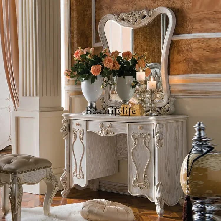 D38European high-end carved dresser combination solid wood dressing stool mirror