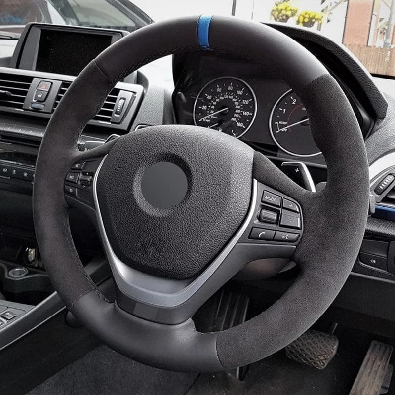 Alcantara Steering Wheel Cover Real Leather Black Thread Blue Stripe Car Accessoires for BMW F20 F21 F22 F23 F30 F31 F32 F33 F34