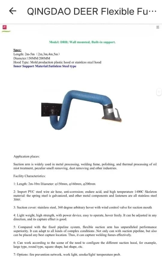 200mm 4m industrial flexible stainless steel smoke exhaust arm