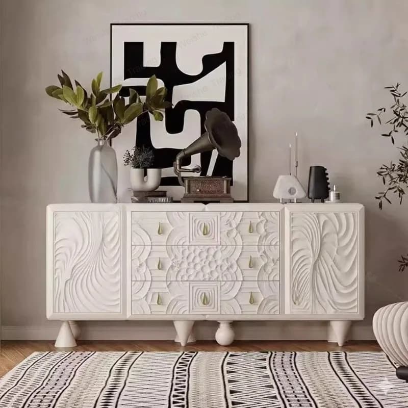 French light luxury dining side cabinet white carved drawer locker living room dining room furniture