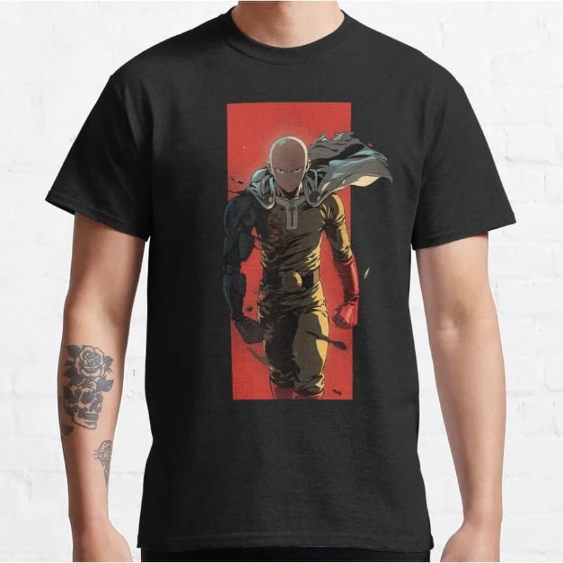 1 hit Cyborg Robot arm Super hero manga One punsh man Anime crewneck T-shirt for men Large size Adult Tops S-6xl