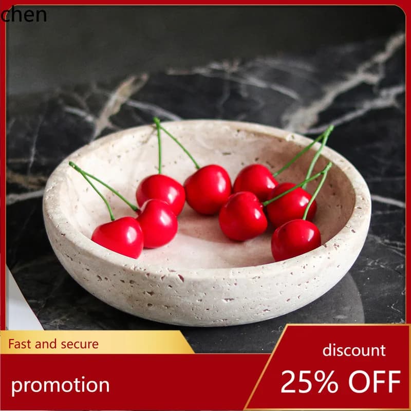 H1 Wabi-sabi style round fruit tray decoration for sales offices and homes, imitation yellow travertine tray ornament