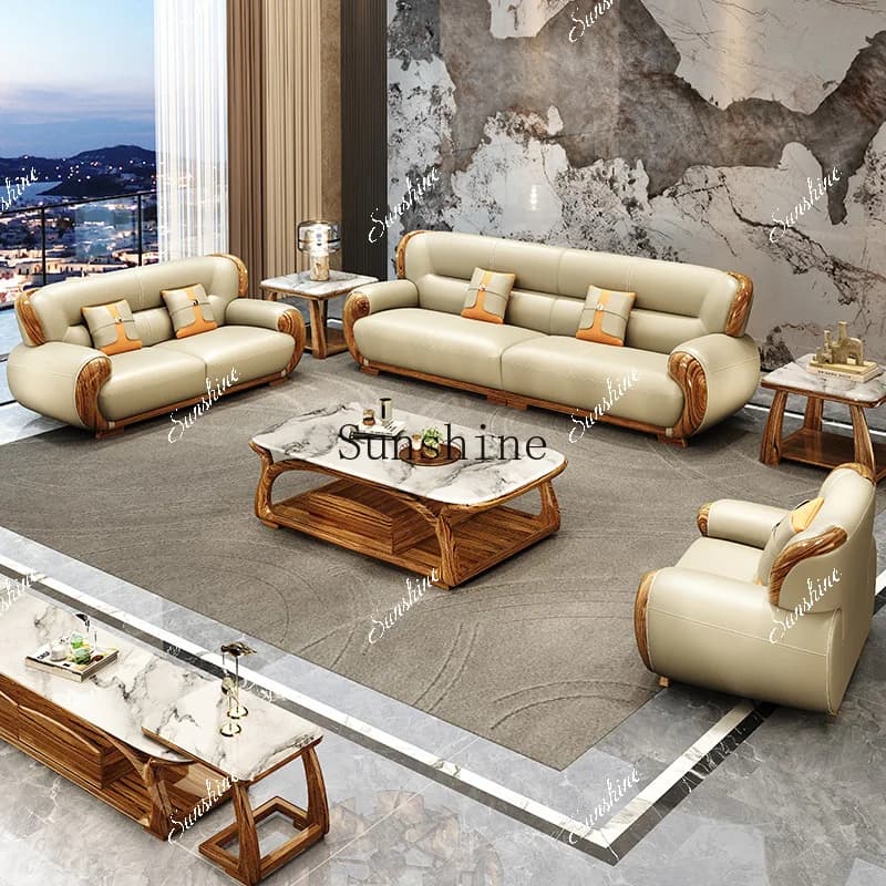 New Chinese ebony leather sofa modern simple living room large apartment new combination FT