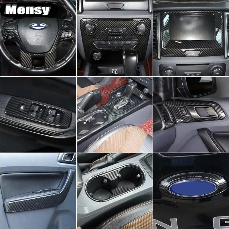 For Ford RANGER T6 T7 T8 2015-2021 ABS Carbon Fiber Color Car Interior Gear Shift Panel Door Handles Outer Frame Cover Trim
