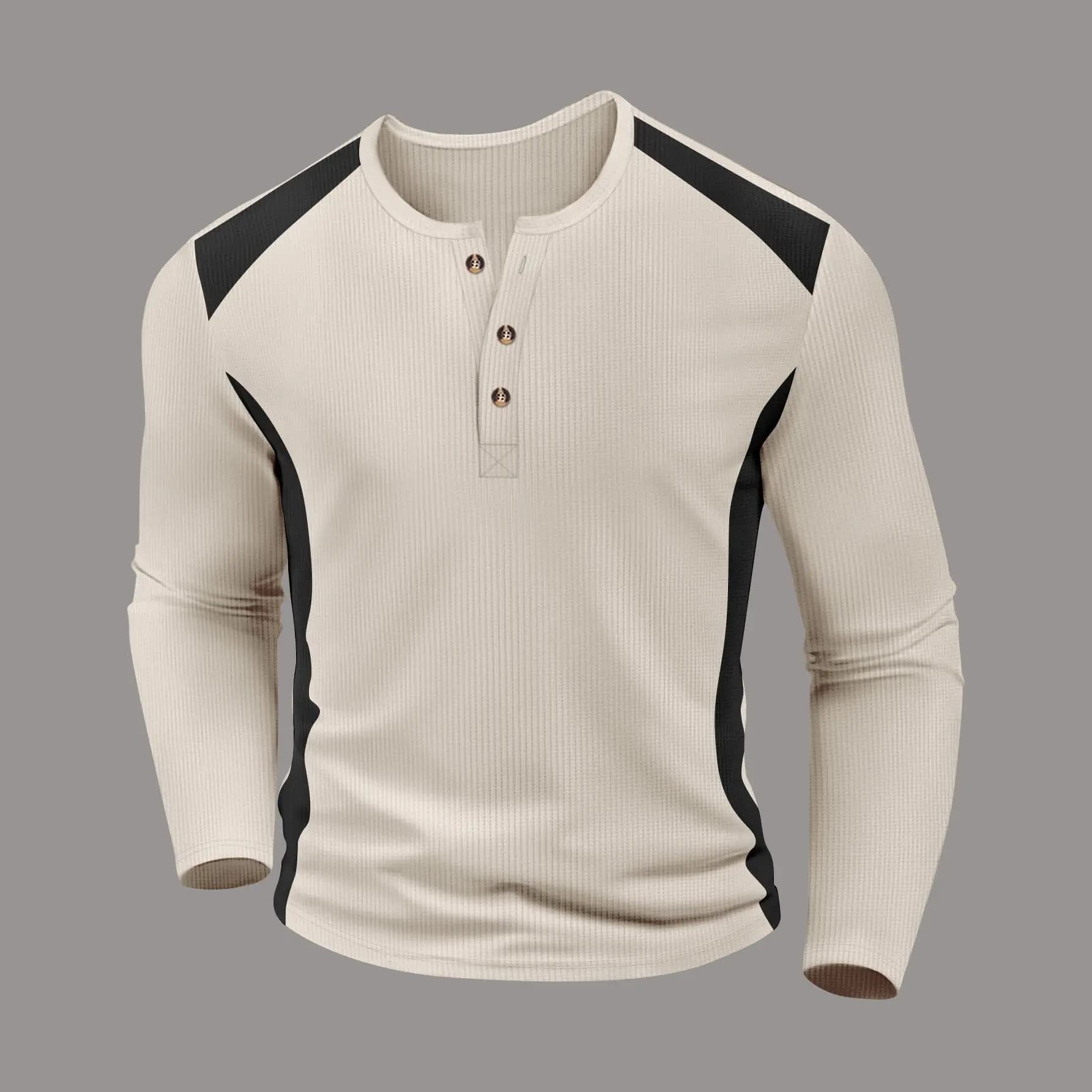 Amazon's new cross-border men's waffle double-color high-neck button-down long-sleeved Henry shirt for casual wear in autumn and