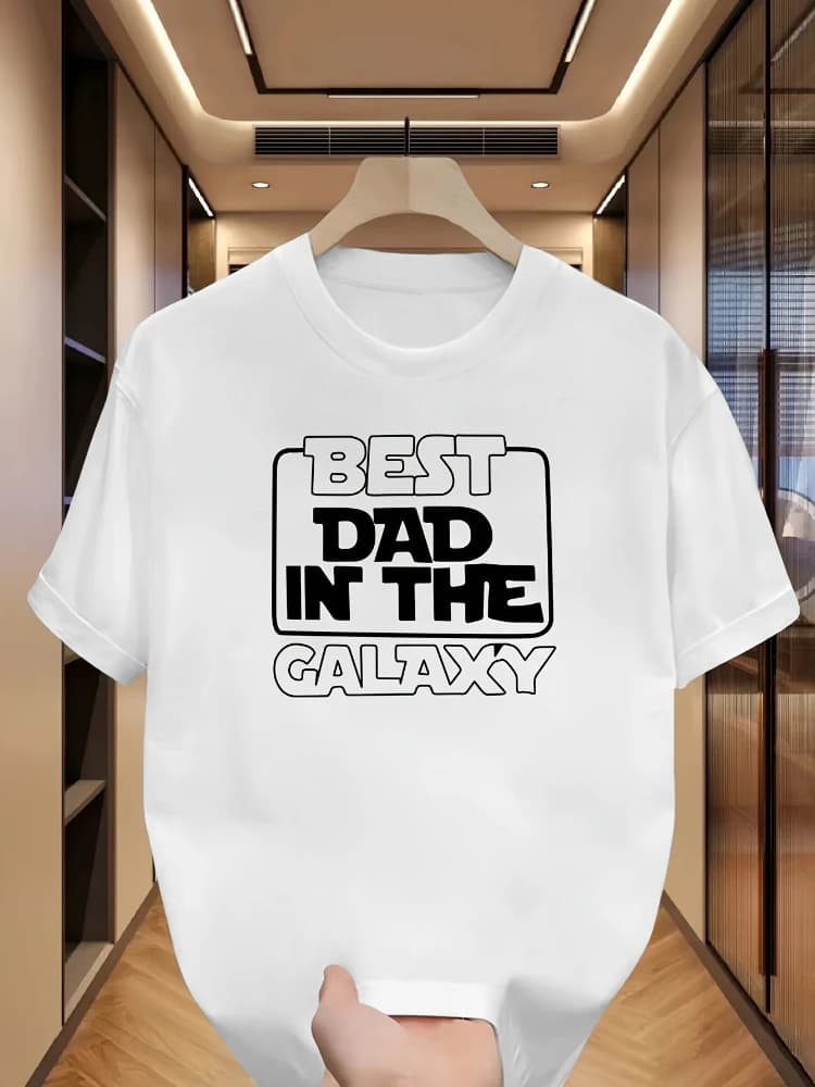 "Best Dad in the Galaxy"Graphic with Bold Black Lettering pattern design-100% cotton O-neck short sleeve printed men's T-shirt.