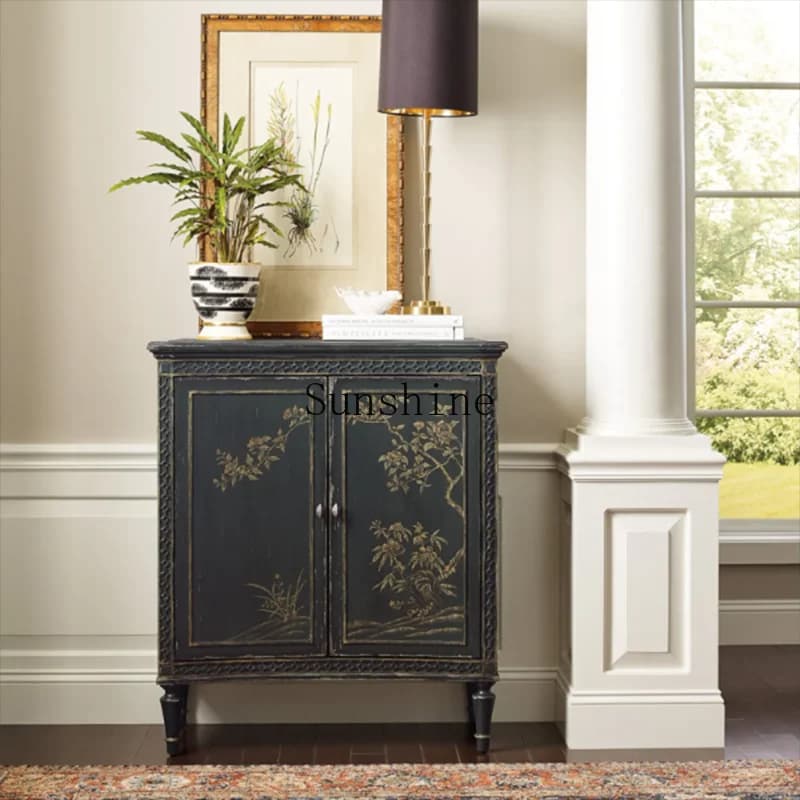 French retro style art painting side cabinet living room double door storage study home documents