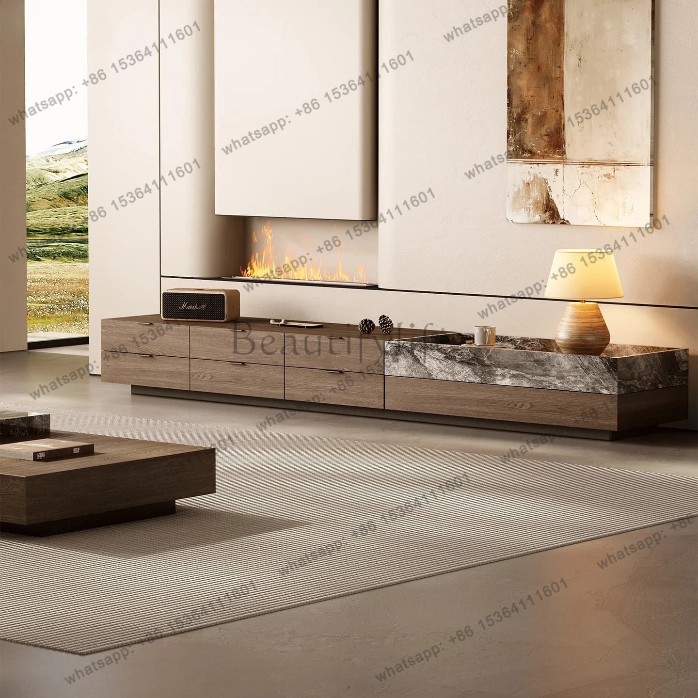 Modern Minimalist Light Luxury Natural Luxury Stone Solid Wood Storage TV Cabinet Living Room Household Floor Cabinet
