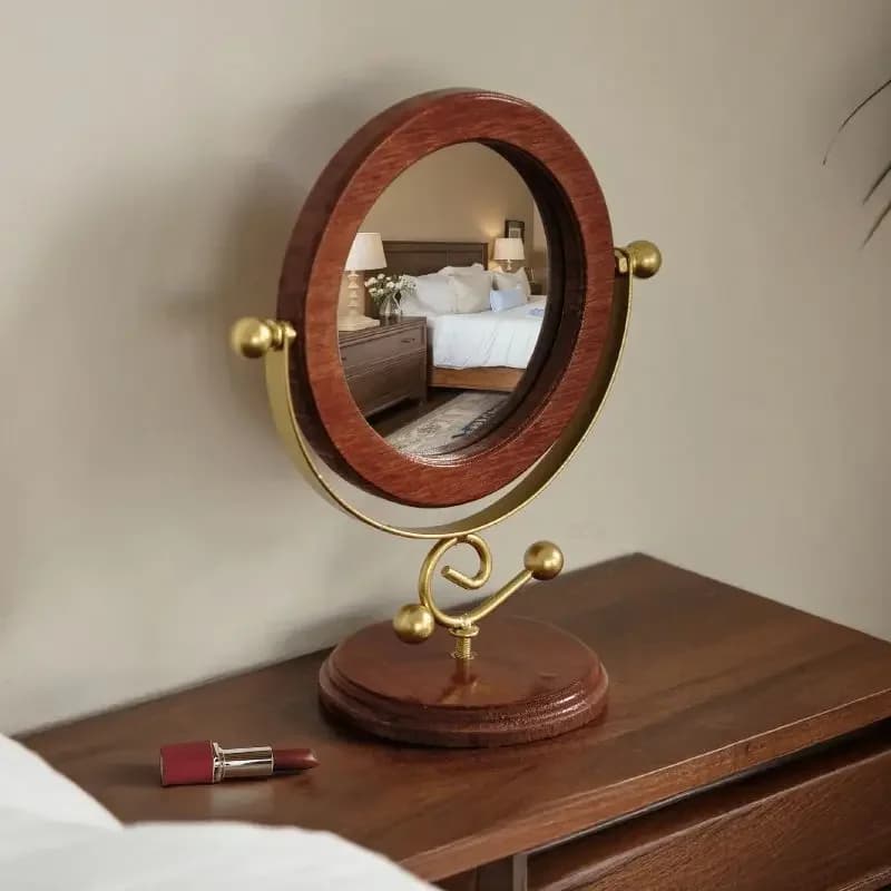 Wood Makeup Mirror Rotating Dressing Mirror Retro Desktop Household Desktop Dormitory Decorative Mirror Bedroom Home Decoration