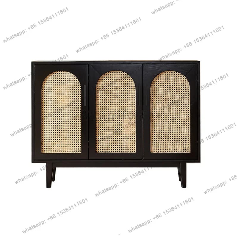 Nordic solid wood black simple rattan arch sideboard storage cabinet