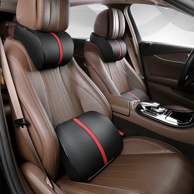Adjustable Car Headrest Pillow Set Leather Auto Neck Protection Rest Pillows Seat Waist Supports Lumbar Cushion Memory Cotton