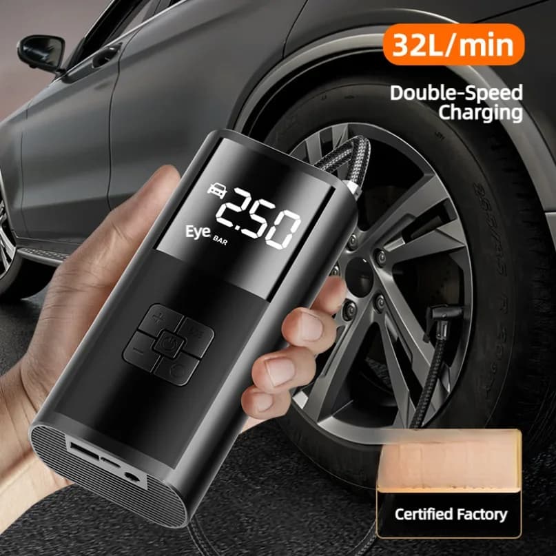 Compresor  aire inalámbrico para coche, inflador  neumáticos  alto flujo  150PSI y 32L/min con luz LED multiusos para co