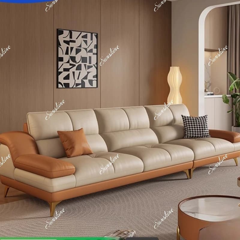 Italian light luxury leather sofa, large and small apartment living room three people straight row