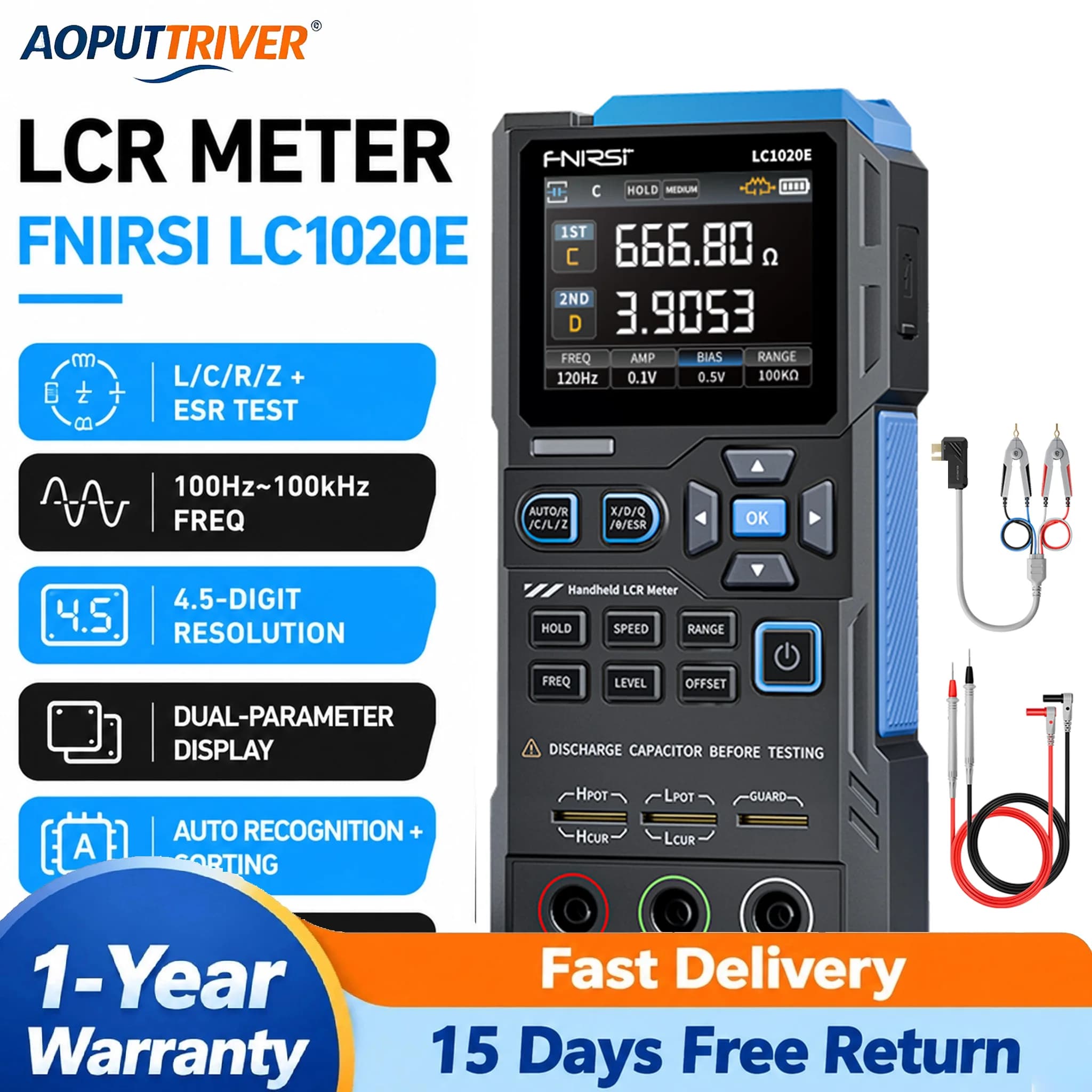 FNIRSI LC1020E Handheld LCR Meter 100kHz 0.3% Accuracy Digital Bridge Tester Capacitance Inductance ESR Meter with Kelvin Clip