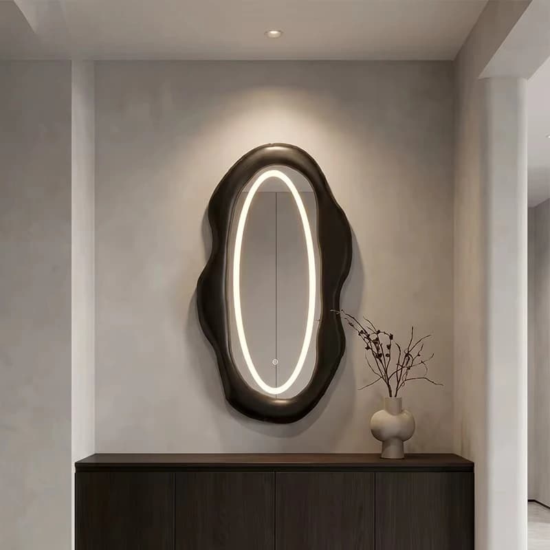 Modern wavy asymmetrical cloud-shaped textured border matte black steel frame wall mirror