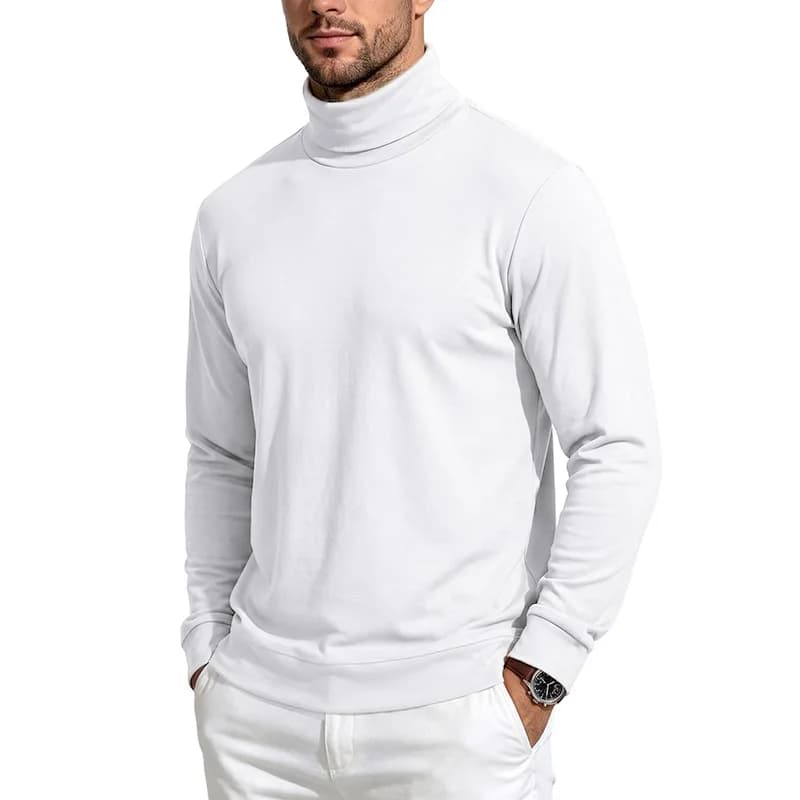 Premium Men Cotton Wool Turtleneck Base Layer, Soft Warm Solid Long Sleeve Pullover, Slim Fit Business Casual Autumn Winter Top