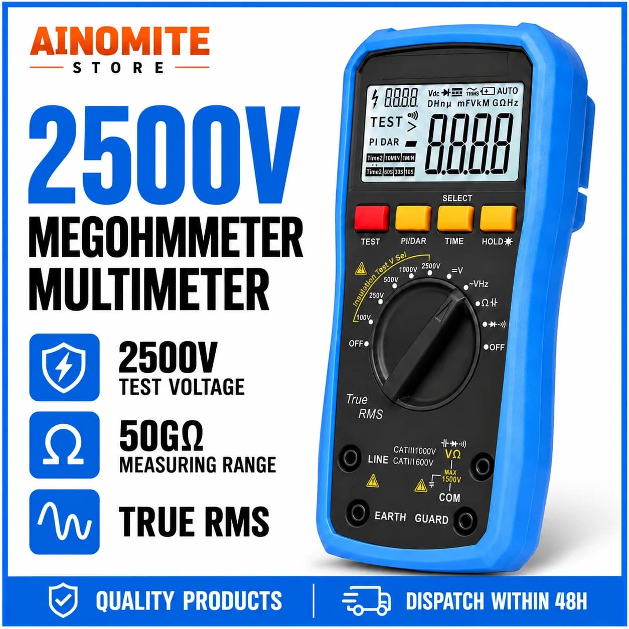 Insulation Resistance Tester 2500V 50GΩ, Digital Megohmmeter with PI/DAR, Auto-Ranging Voltmeter AC/DC Voltage Resistor Meter