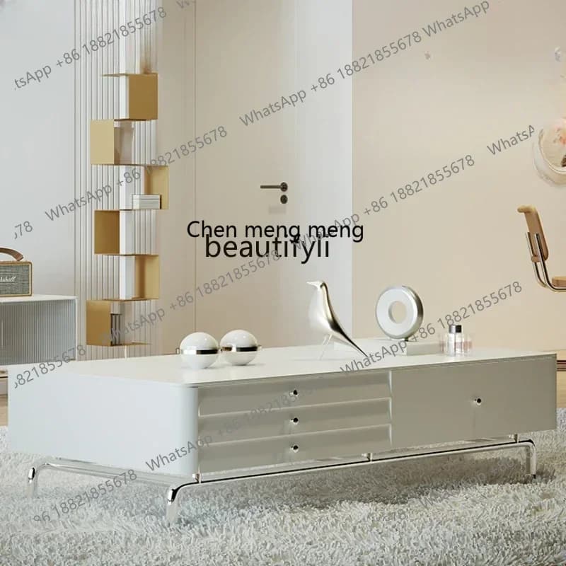 new Stone Plate Light Luxury Coffee Table TV Cabinet Storage Living Room High Leg Cream Style Nordic Modern Minimalist ss 8617